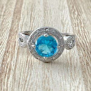 Round Aquamarine Halo Ring w/ Looping Split Shank - 925 Sterling Silver